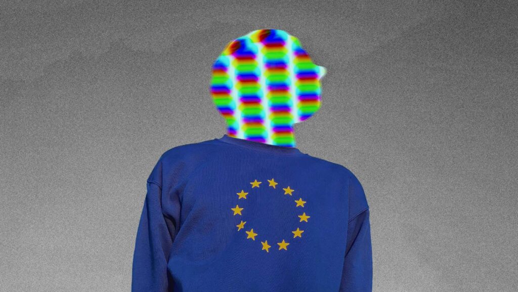 perfil de pessoa usando blusão azul e estrelas amarelas, estampa da bandeira da União Europeia 