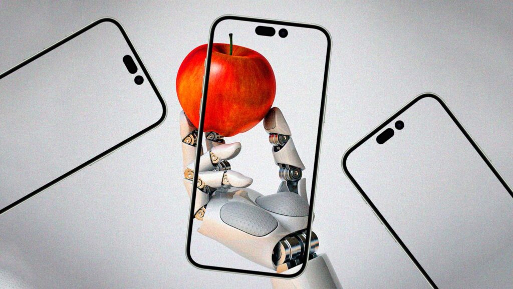 mão robótica segura uma maçã com molduras de celulares ao fundo