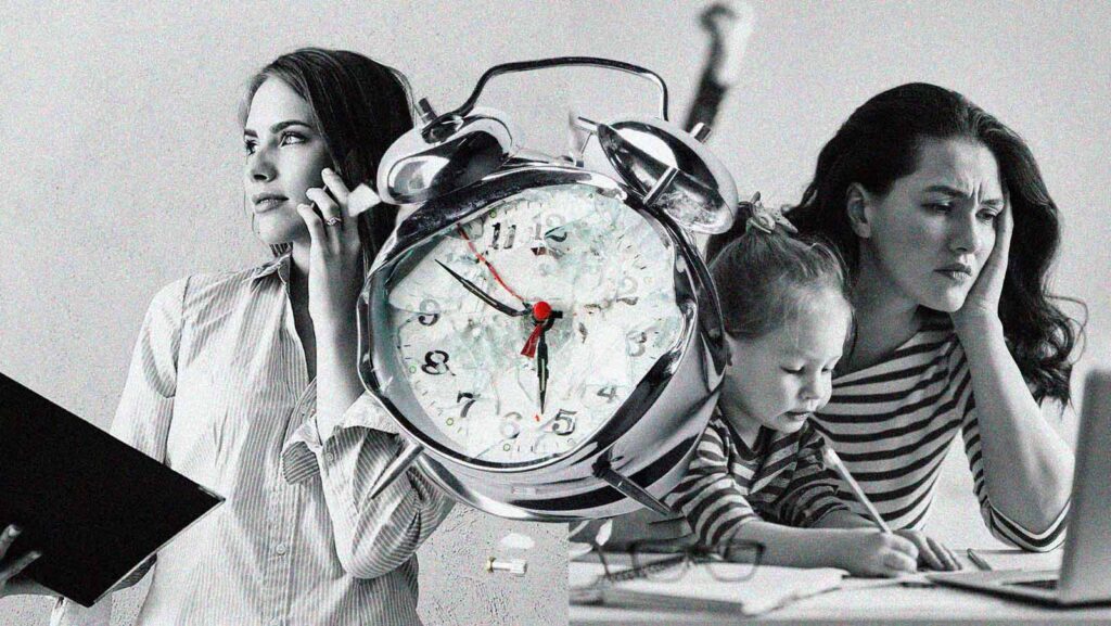 mulher se divide entre trabalho e vida pessoal