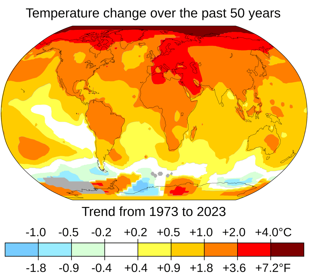 A temperatura do mundo entre 1973 e 2023