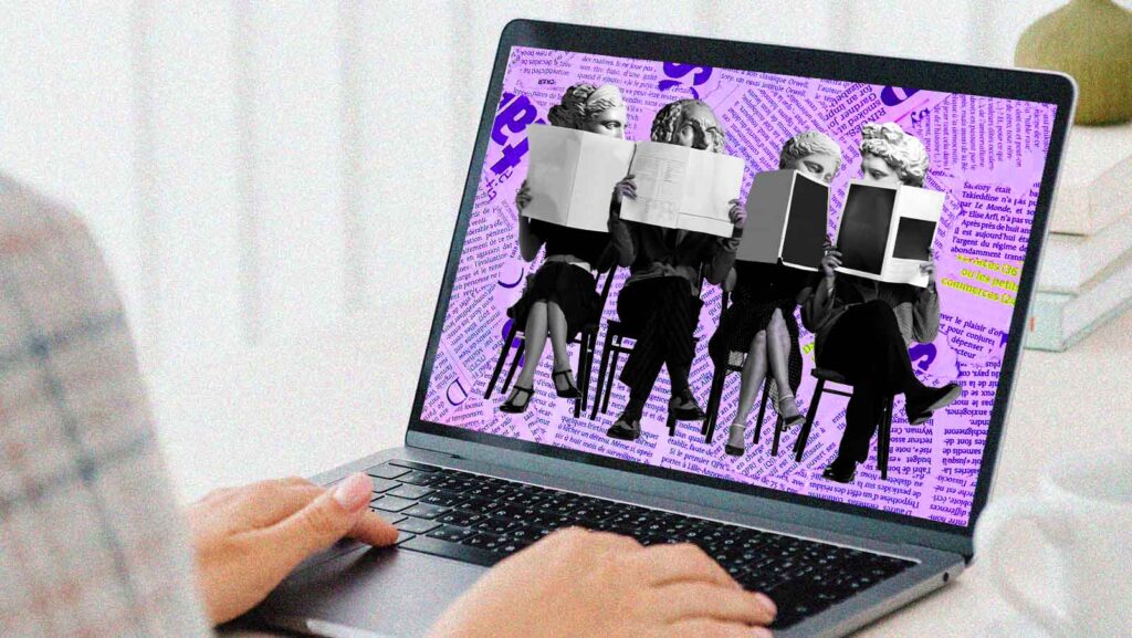 imagem ilustrativa de estátuas de filósofos gregos lendo notícias em jornais em computadores