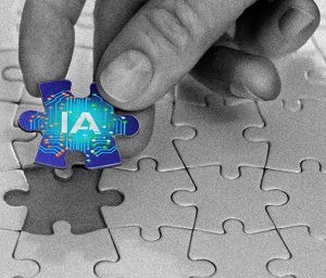 Imagem de mão colocando uma peça em um quebra cabeças com a inscrição IA