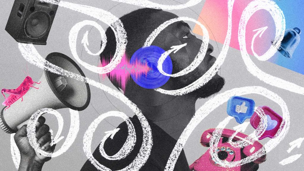 homem confuso com muitas coisas ao mesmo tempo chamando a atenção