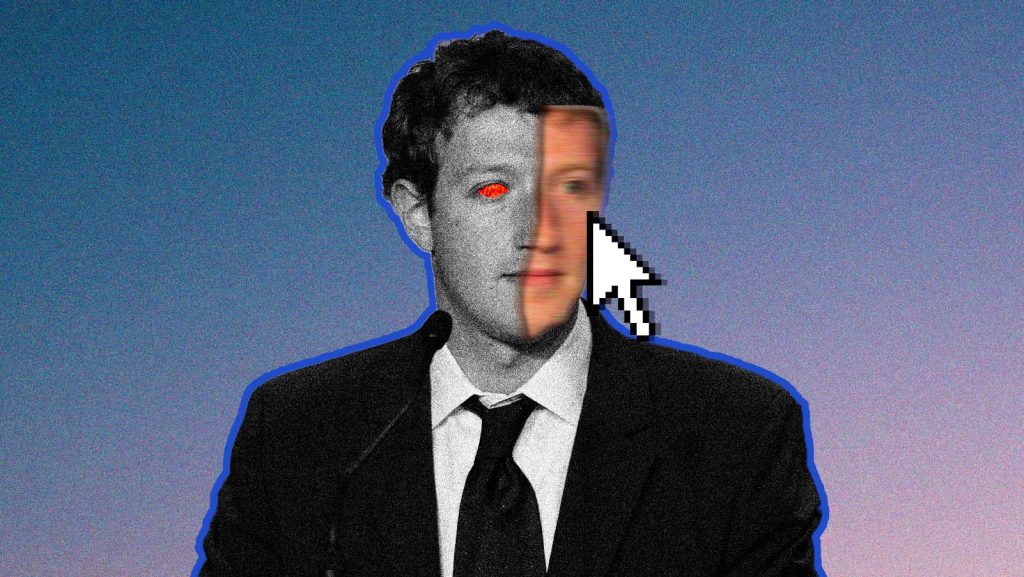 Imagem de Mark Zuckerberg de palet&oacute; e gravata, com metade do rosto em preto e branco