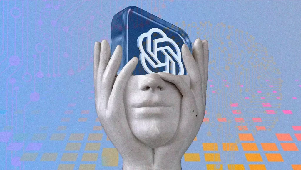 Imagem de humanoide com logo da OpenAI na cabeça.