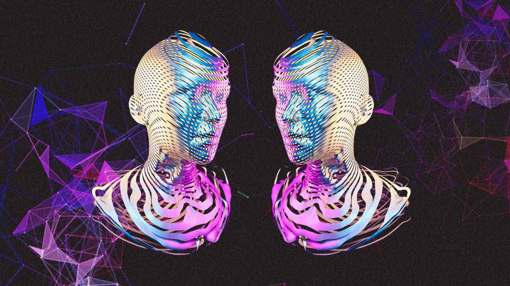 Duas silhuetas humanoides lado a lado em um fundo preto