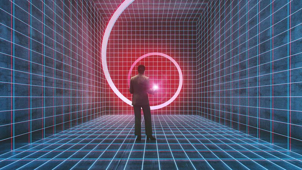 homem de costas olha para espiral de luz vermelha