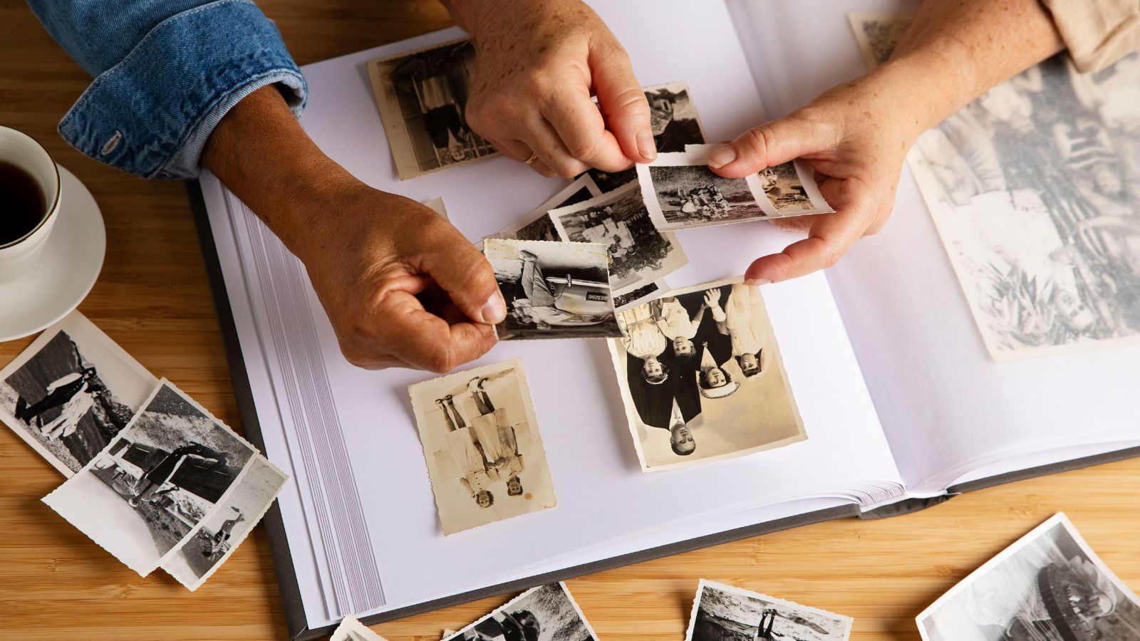 Pessoas olhando por cima do álbum de fotos