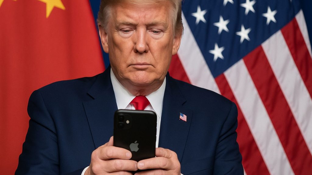 Trump com bandeira do Estados Unidos e China ao fundo, segurando Iphone