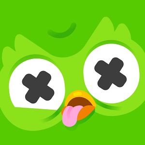 corujinha verde mascote do Duolingo com olhos em  formato de X