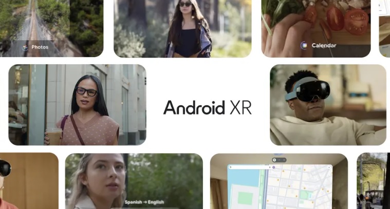 várias telas demonstram as funcionalidades do sistema de realidade virtual Android XR