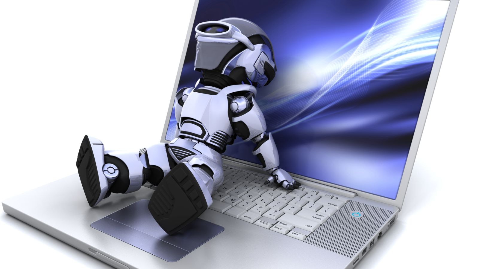 3D rendem de um robô que relaxa em um laptop