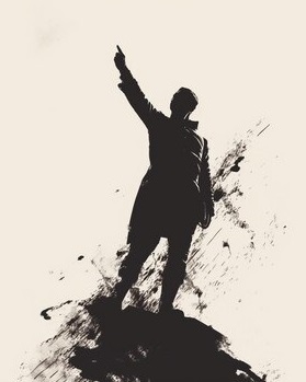 Homem aponta para o  alto, em referência ao  conceito de ambição