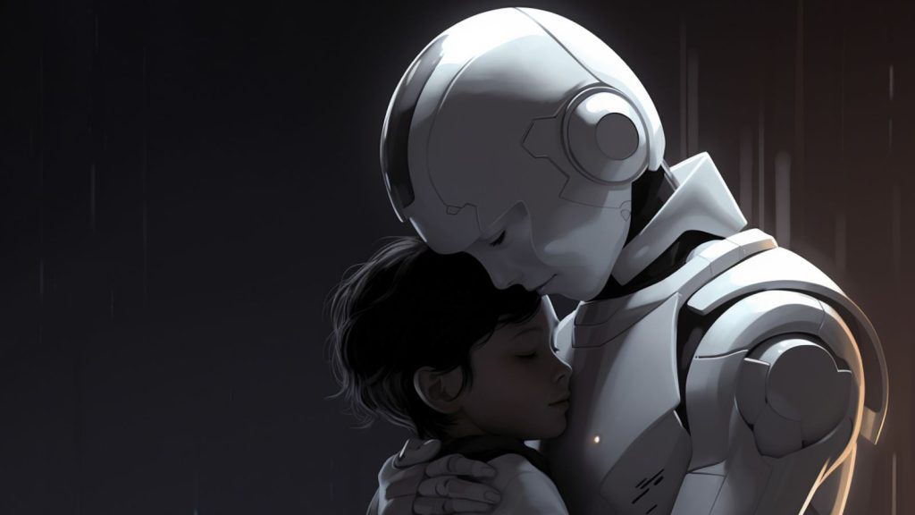 Menino e robô se abraçando
