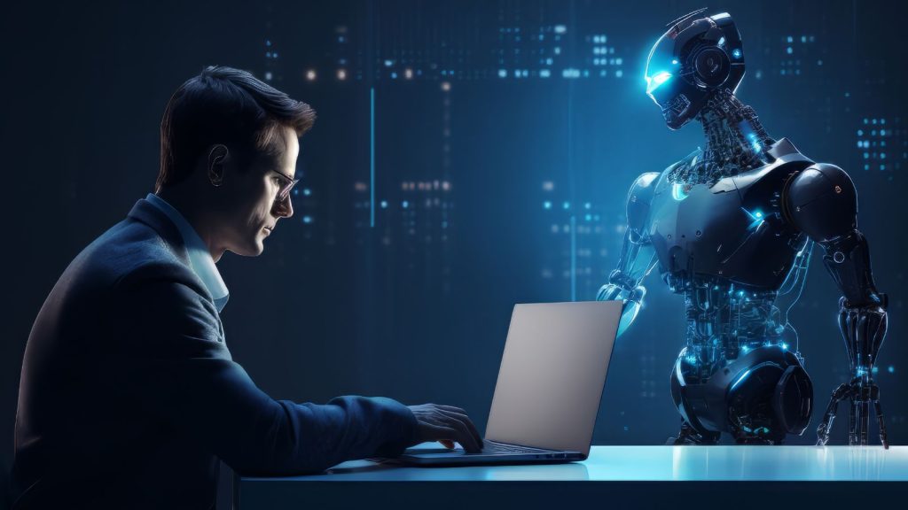 Homem de neg&oacute;cios a trabalhar num escrit&oacute;rio futurista