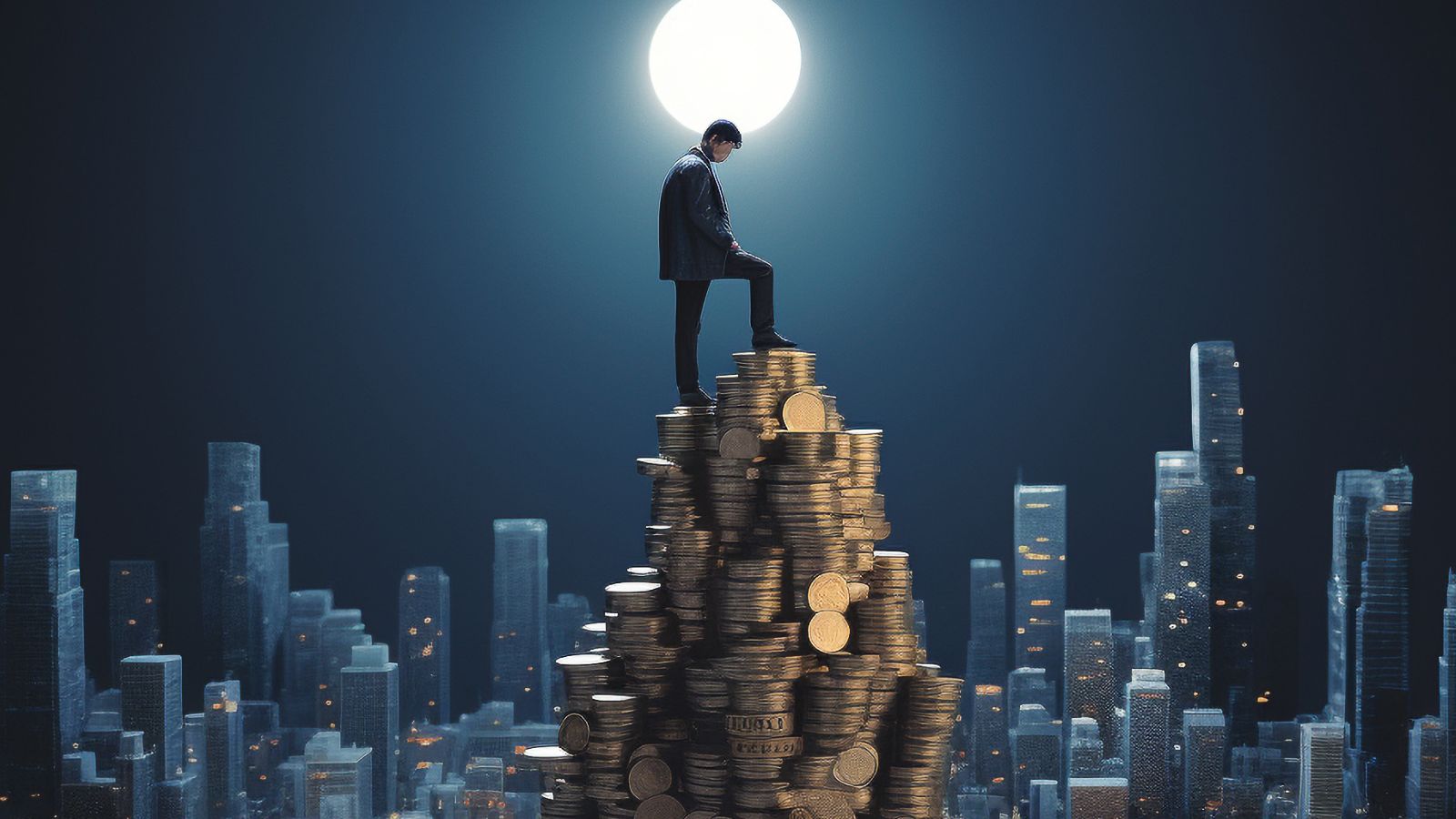 Homem em cima de pilha de moedas
