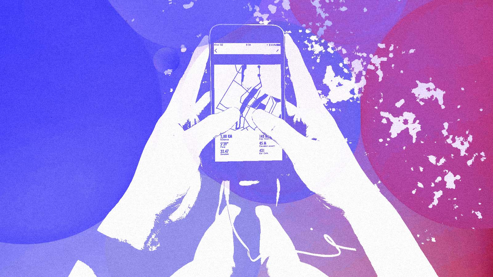 mãos aparecem digitando em celular com aplicativo de fitness