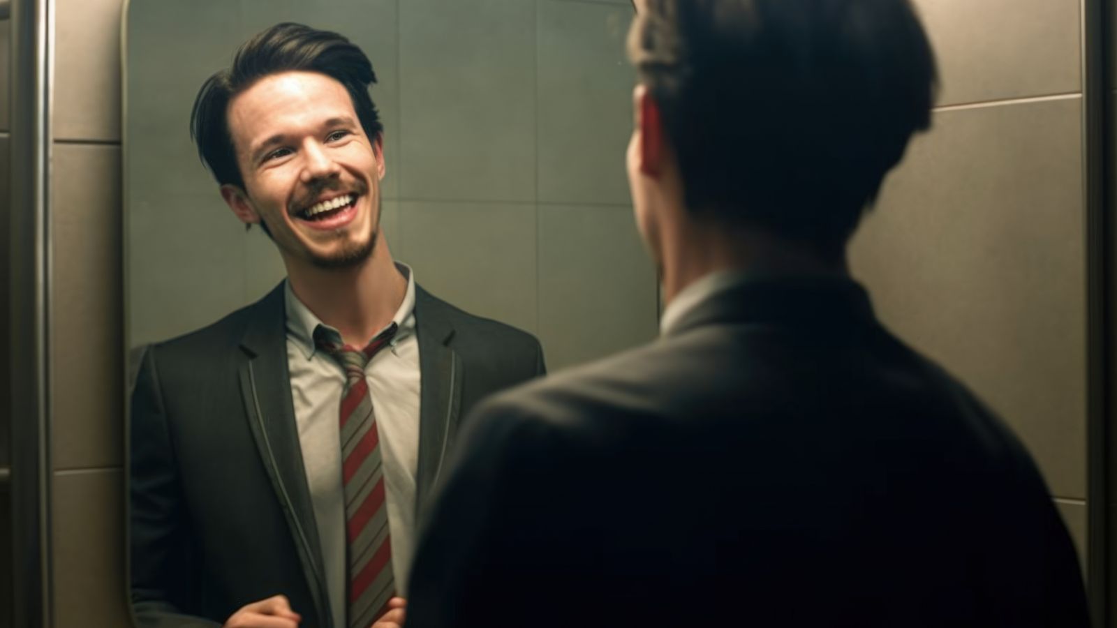 Homem vestido com terno sorrindo para o espelho