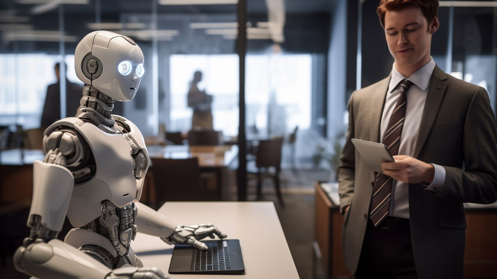 Robô atendendo homem em recepção