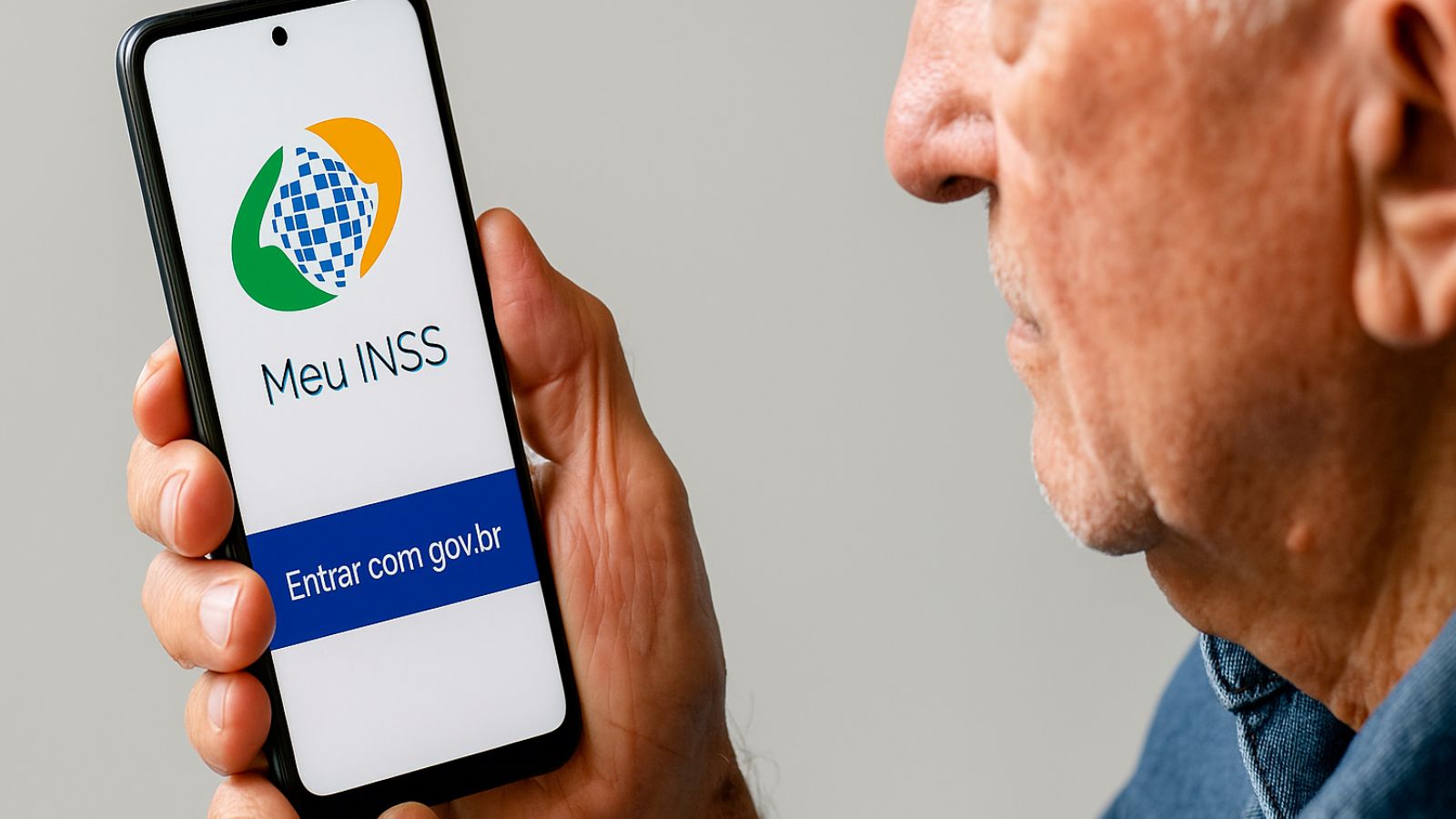 Idoso acessando aplicativo do Meu INSS