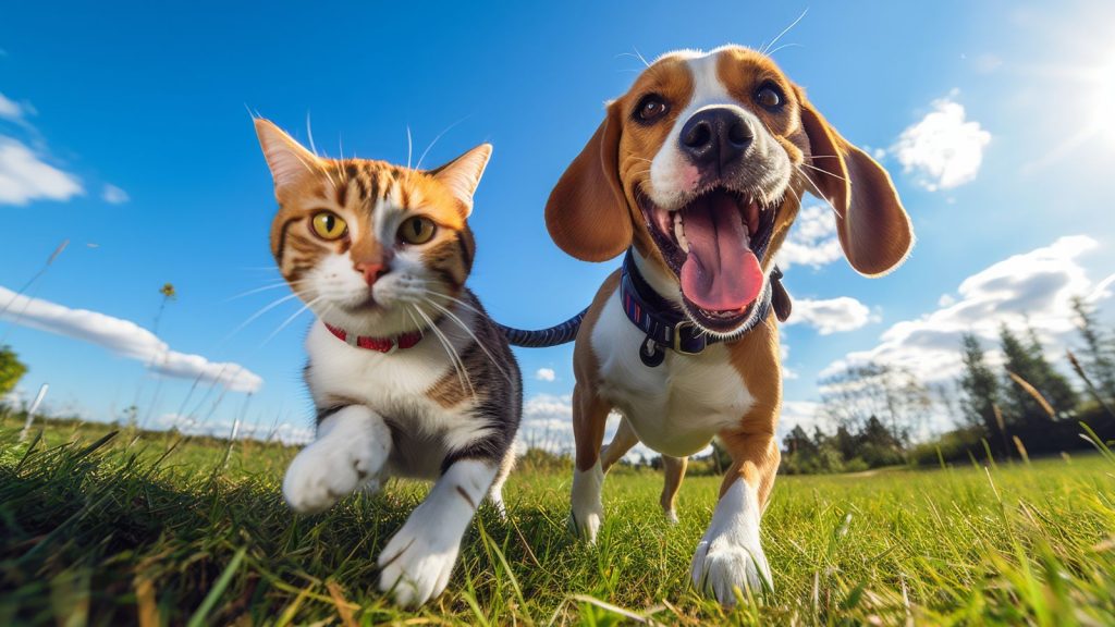 Cão e gato correndo
