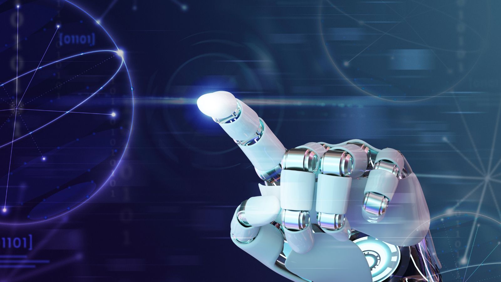 Dedo da mão do robô, gráficos de tecnologia de fundo de IA