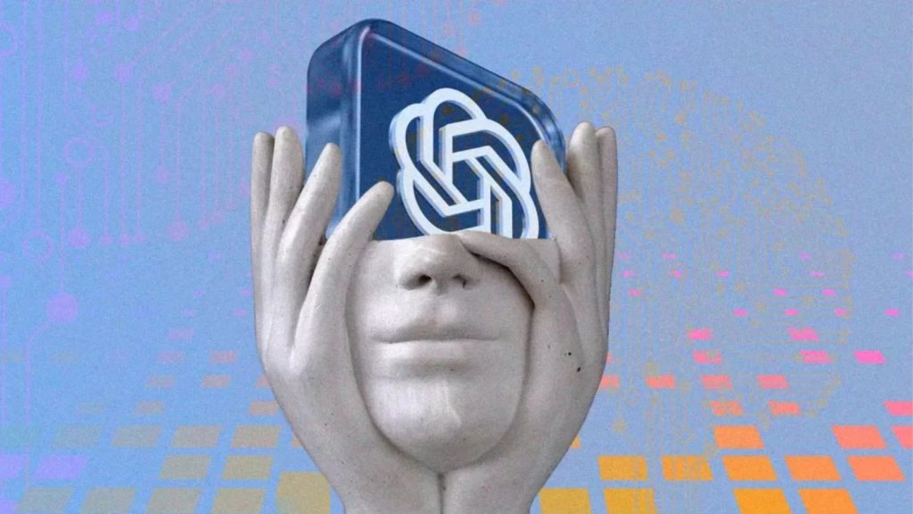 Rosto segurando o s&iacute;mbolo da OpenAI em uma colagem