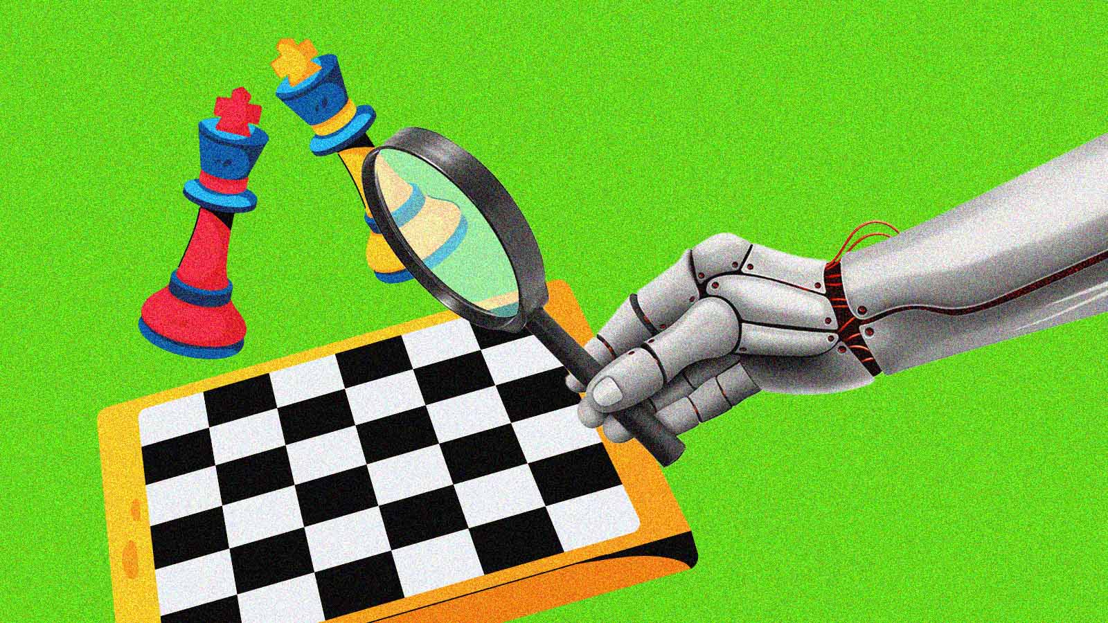 mão robótica segura uma lupa para examinar jogo de xadrez