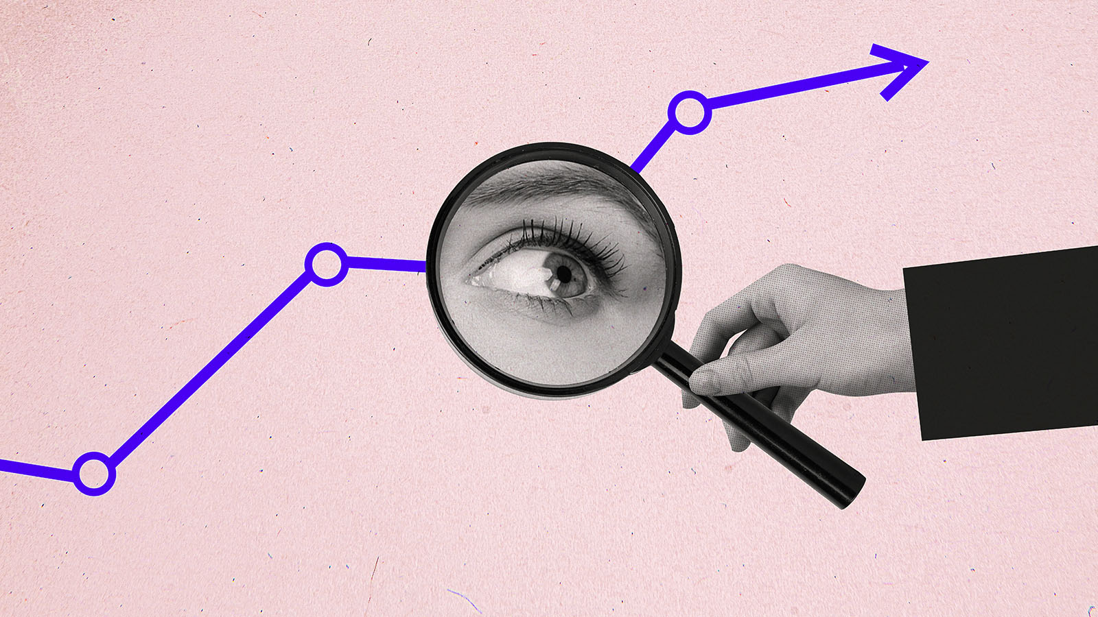 em fundo rosa, mão segura lupa que reflete a imagem de um olho