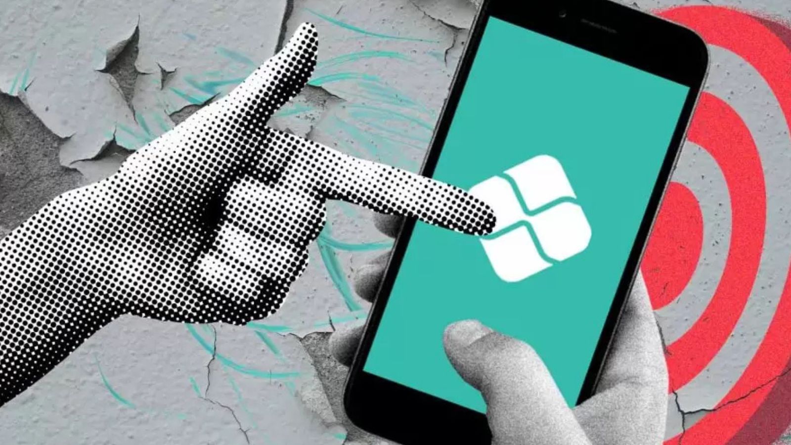 Mão apontando para celular com símbolo do Pix