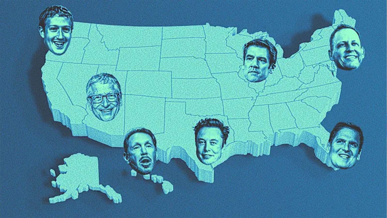 mapa dos Estados Unidos com rostos de bilionários sobrepostos