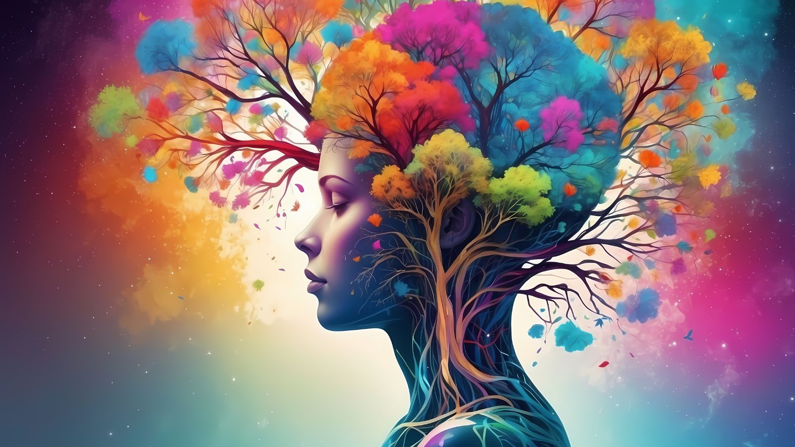 Mulher negra com cabelo de árvore colorido