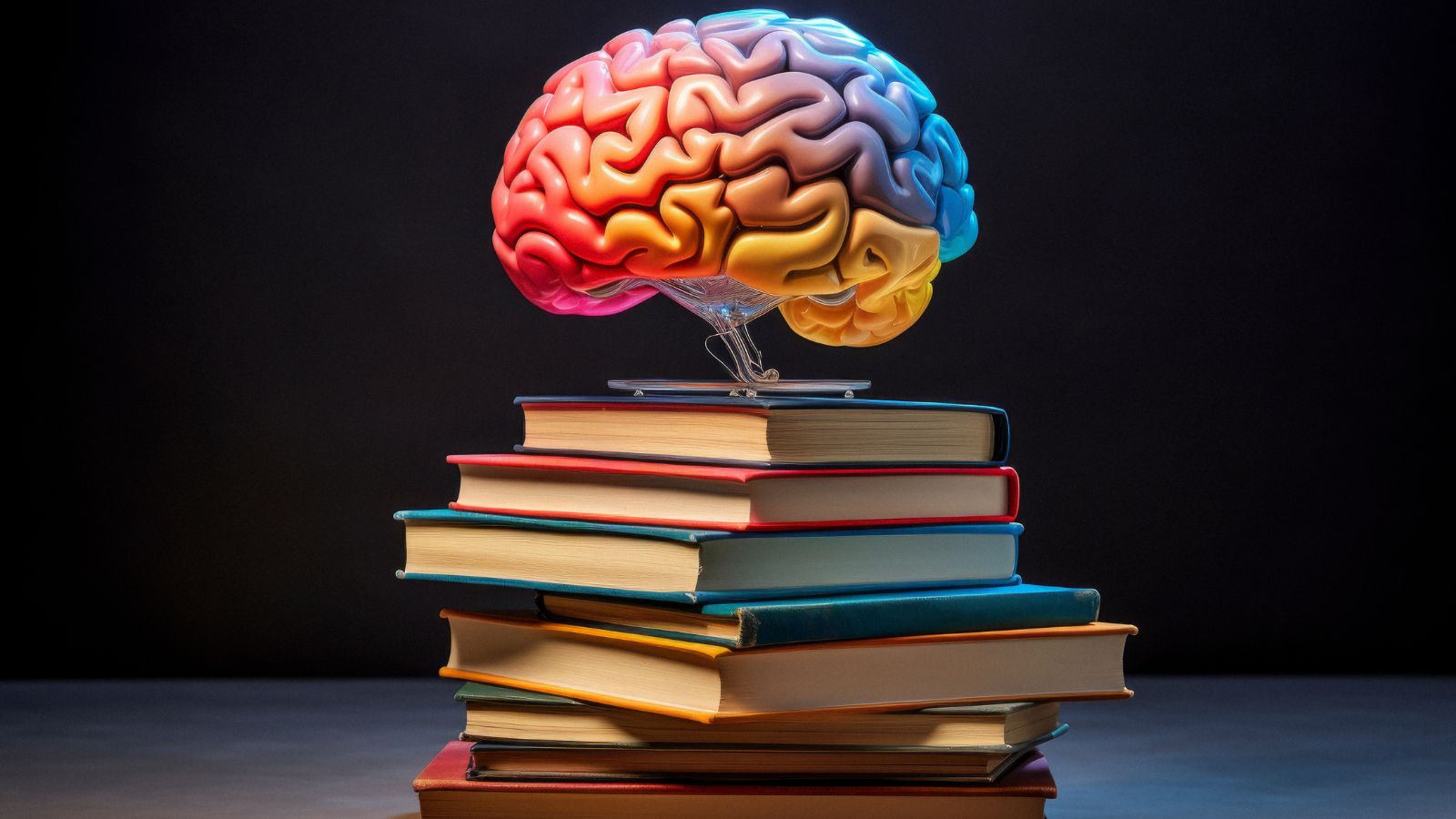 Cérebro colorido em cima de livros