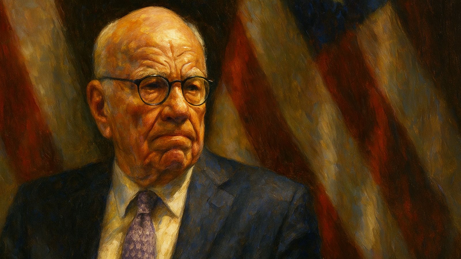 Rupert Murdoch com bandeira dos Estados Unidos ao fundo