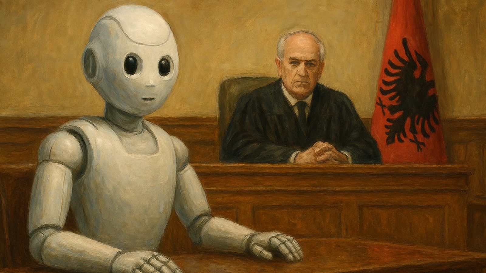 Robô no tribunal com juiz ao fundo e bandeira da Albânia