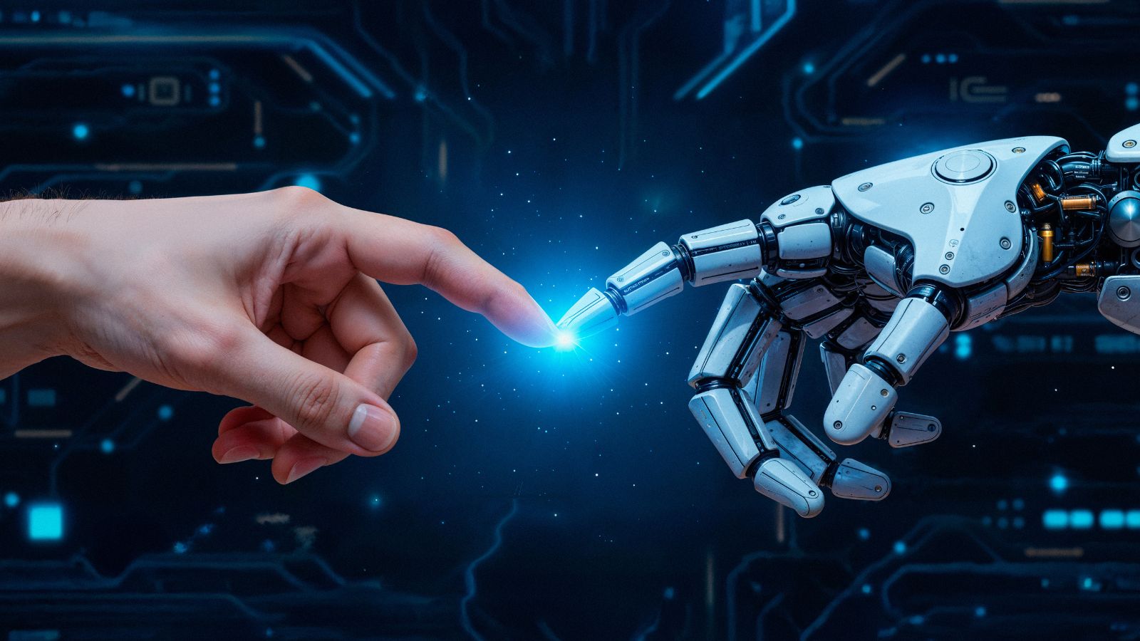 Mão de robô e humano se tocando