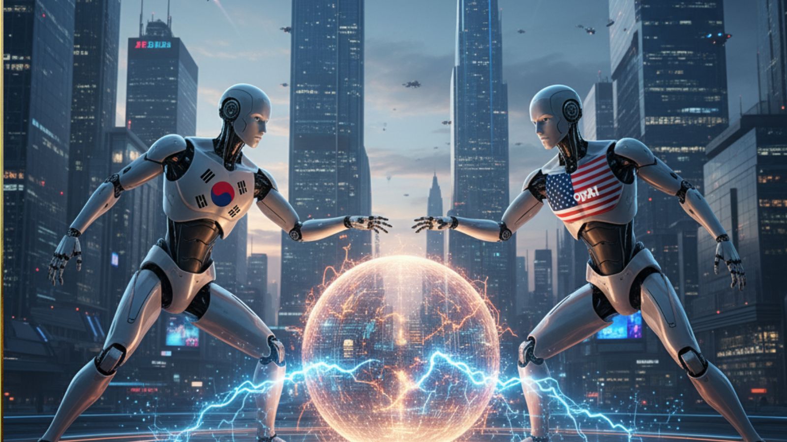 Robôs com bandeiras dos Estados Unidos e Coreia do Sul se enfrentando