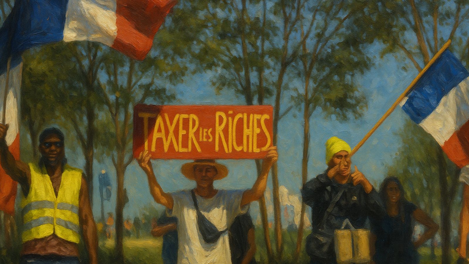 Franceses segurando placa sobre taxação de super ricos com bandeira ao fundo