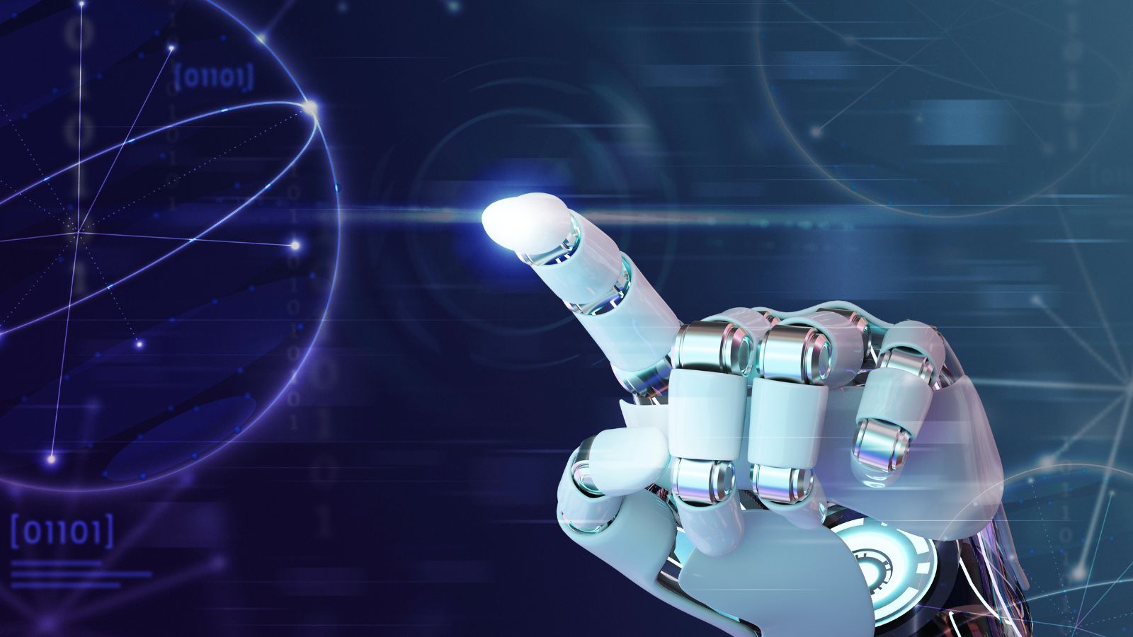 Mão de robô tocando em tela e fundo azul