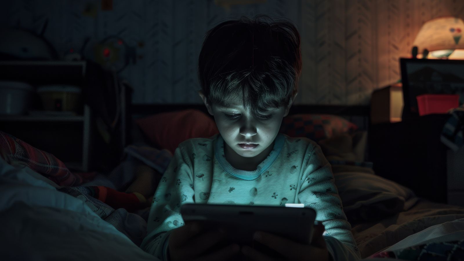 Criança em fundo escuro mexendo no celular