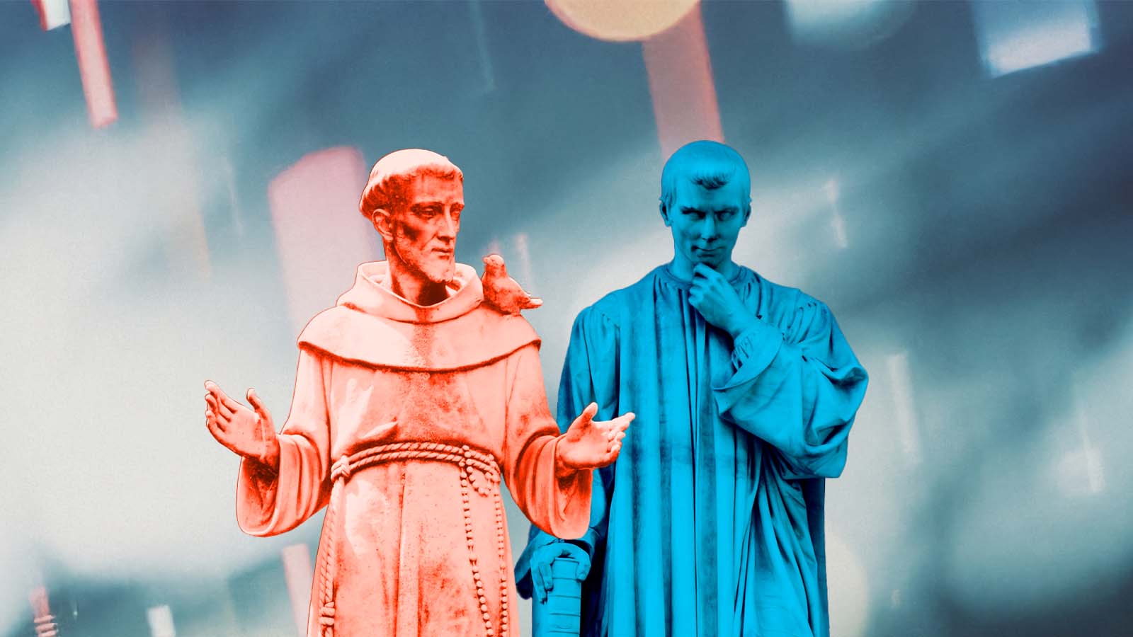 estátuas de Maquiavel e São Francisco de Assis
