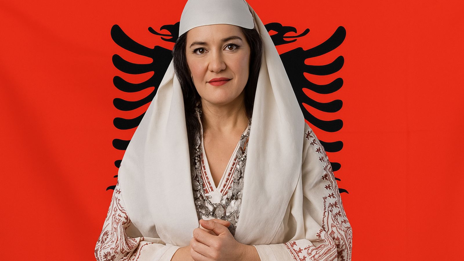 Ministra da Albânia com bandeira ao fundo