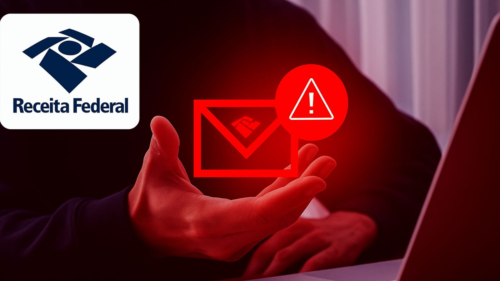 Símbolo de e-mail em vermelho e pessoa no notebook ao fundo