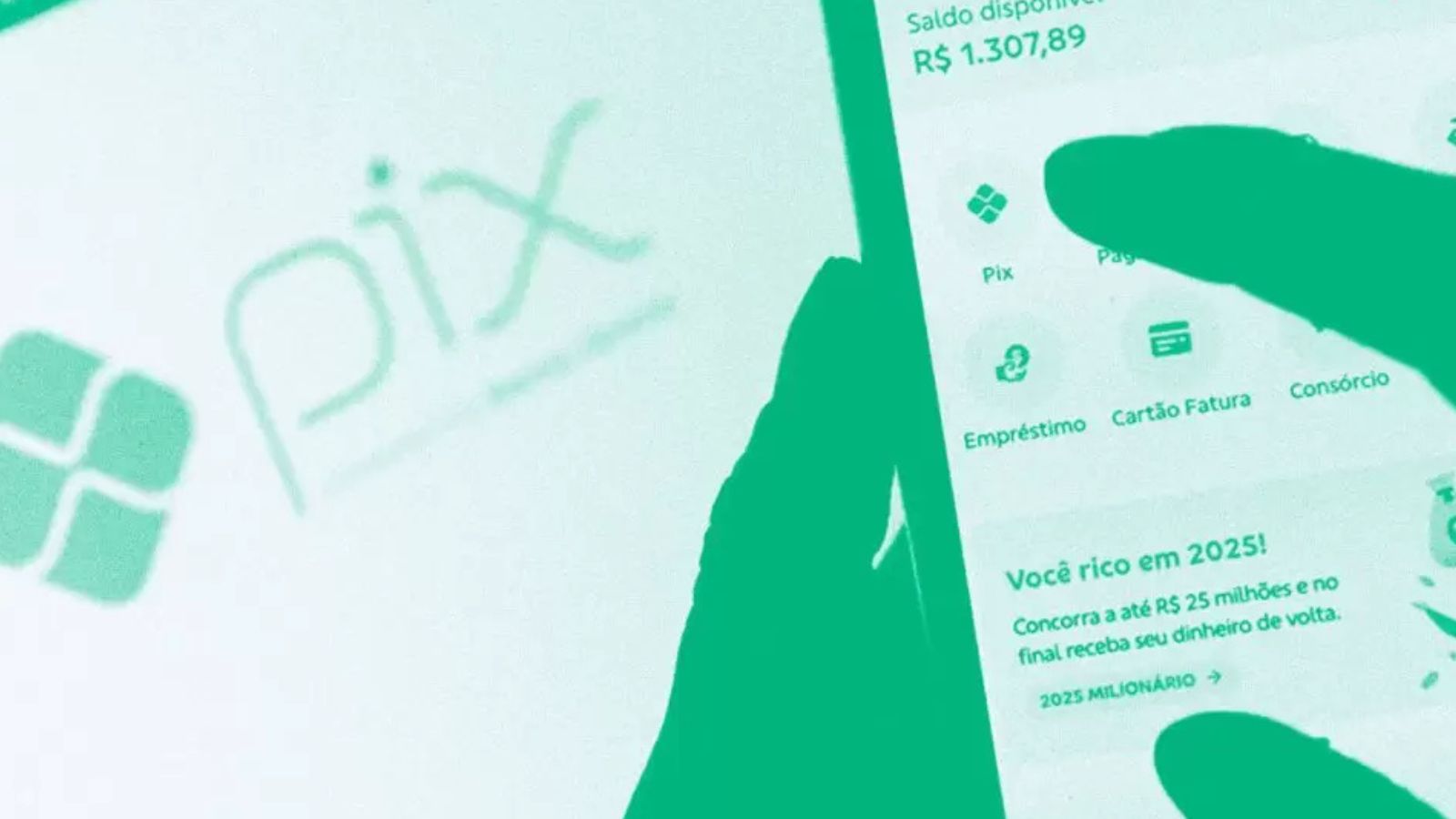 Símbolo Pix e pessoa clicando no celular