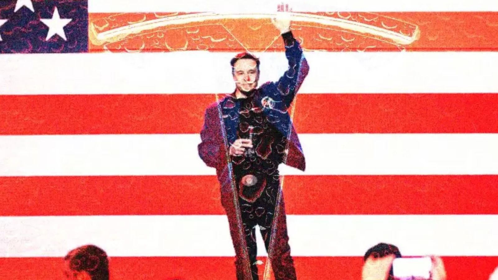Elon Musk em destaque com bandeira dos EUA ao fundo