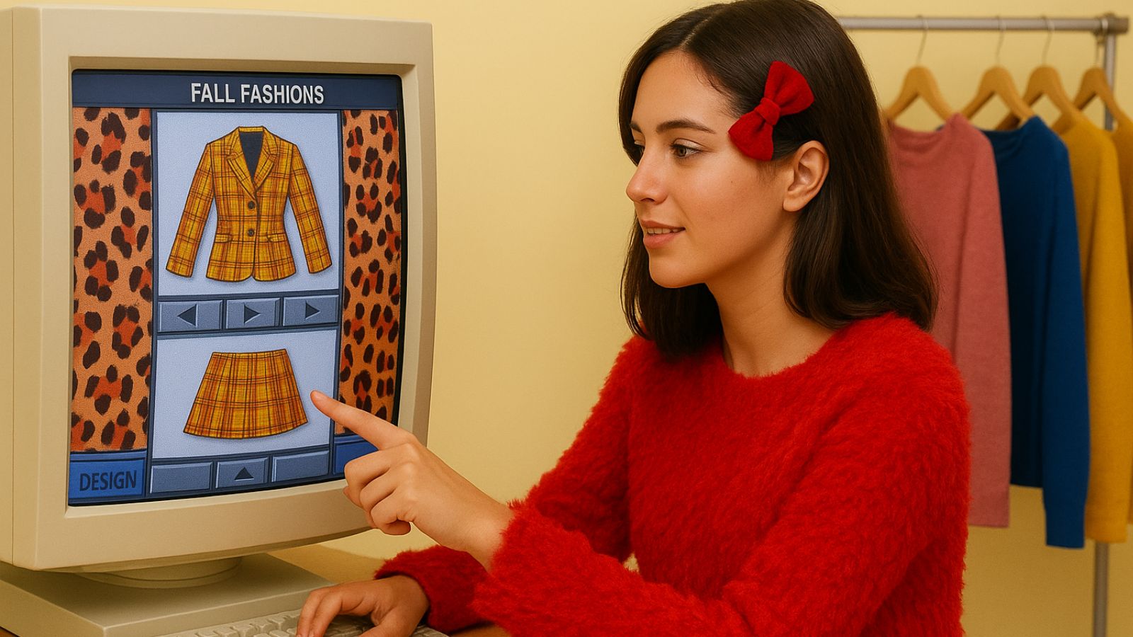 Mulher apontando para vomputado com look e a´rmarcio ao ffundo