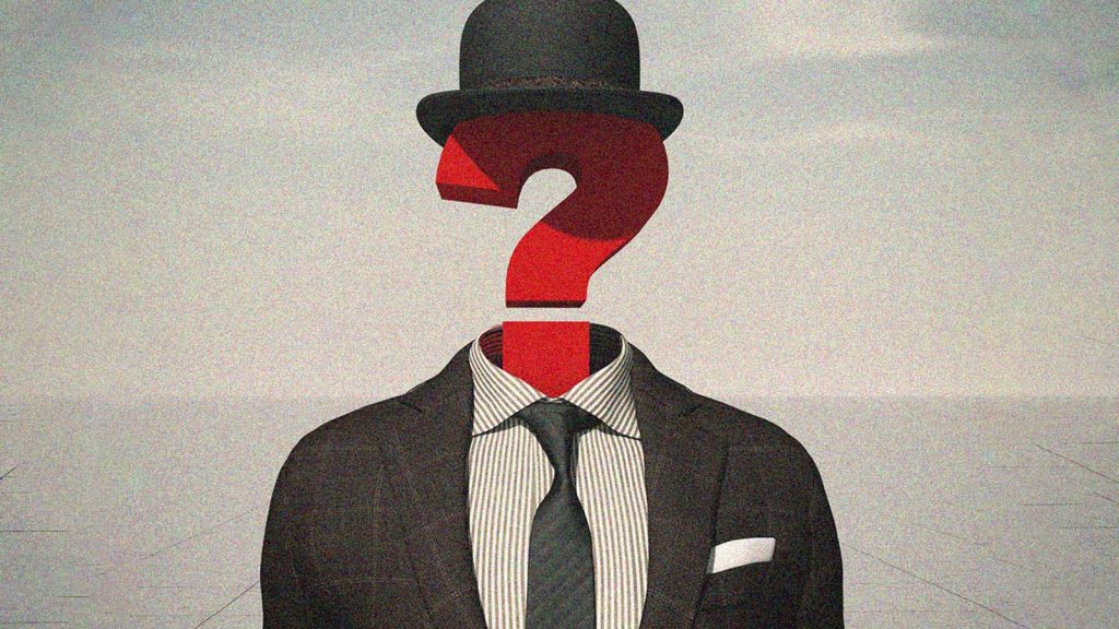 homem de chapéu com ponto de interrogação no lugar da cabeça