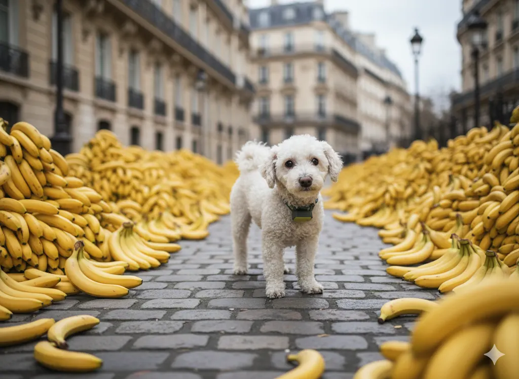 foto manipulada por IA mostra um cachorro em uma rua repleta de bananas