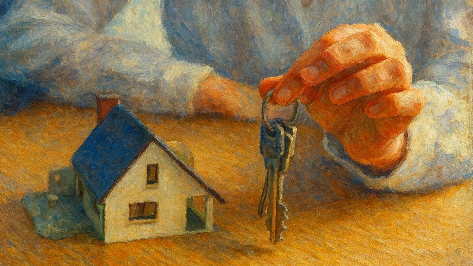 Mão de pessoa segurando chave e maquete de casa no lado