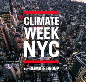 anúncio da Semana do Clima de Nova York 2025 - logotipo sobre foto aérea da cidade